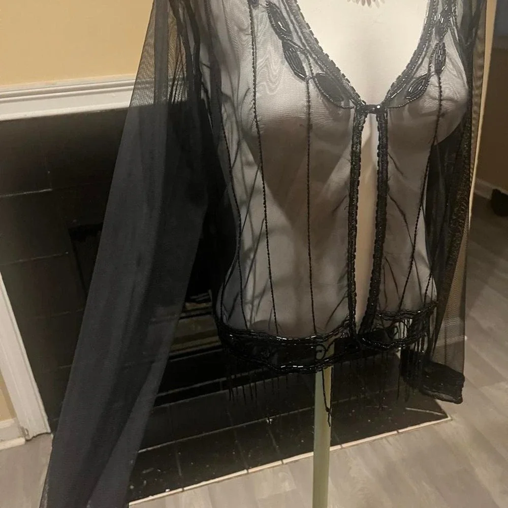 Black sheer beaded cardigan with lace trim and beaded fringe Whimsygoth